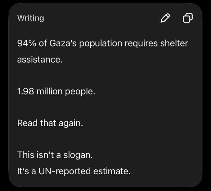 A note titled 'Writing' stating that 94% of Gaza's population requires shelter assistance—1.98 million people—described as a UN-reported estimate, not a slogan.