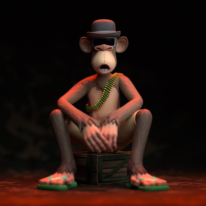 A 3D rendered cartoon monkey character wearing a bowler hat, sunglasses, a bandolier, and green flip-flops, sitting on a wooden crate with a serious expression.
