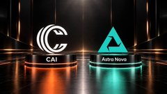 The image displays two glowing logos on pedestals: "CAI Protocol" (marked with a "C" emblem) and "Astra Nova" (represented by a triangular icon), symbolizing their partnership to integrate AI infrastructure with Astra Nova's entertainment ecosystem.