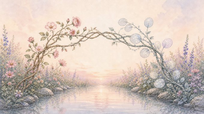 A dreamy pastel illustration shows a floral arch of pink roses and translucent spherical orbs spanning a serene waterway at sunset, flanked by wildflowers—visually evoking the symbolic "bridging" of assets (tokens paired with stocks, ETFs, or commodities) that the post announces with the launch of "Stock Paired" on Uniswap V4.