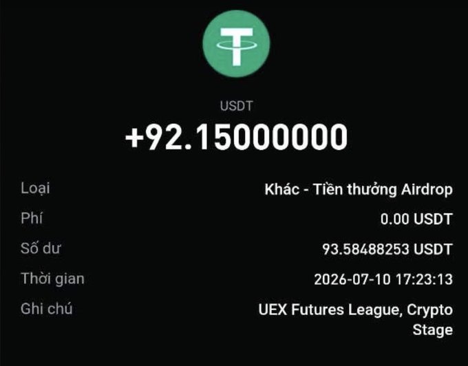 A cryptocurrency transaction receipt showing a deposit of +92.15000000 USDT, labeled as an Airdrop reward from UEX Futures League, Crypto Stage, with a timestamp of 2026-07-10.