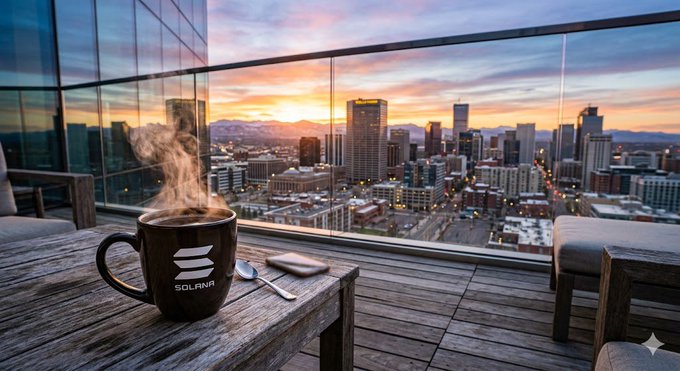 A steaming black coffee mug branded with the 'SOLANA' logo sits on a wooden table on a rooftop overlooking a city skyline at sunset.