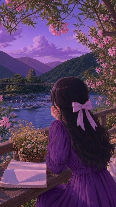 A digital illustration showing a girl with long dark hair and a pink bow, wearing a purple dress, sitting at a wooden table and looking out at a scenic landscape of mountains and a river surrounded by pink blossoms.