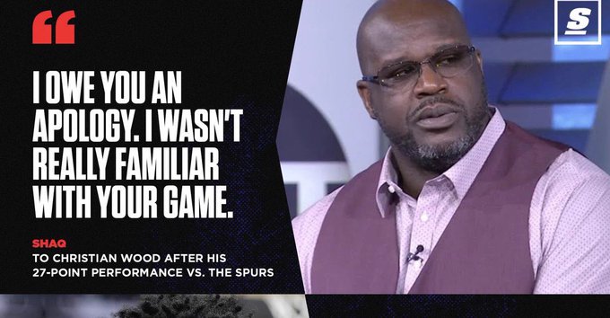 Shaquille O'Neal appears on a broadcast offering an apology to Christian Wood, with on-screen text reading "I OWE YOU AN APOLOGY. I WASN'T REALLY FAMILIAR WITH YOUR GAME." attributed to Shaq following Wood's 27-point performance against the Spurs. The image, branded with The Sporting News logo, appears to celebrate a player proving his critics wrong—aligning with the poster's dismissive "cope, seethe, rage" tone toward critical coverage.