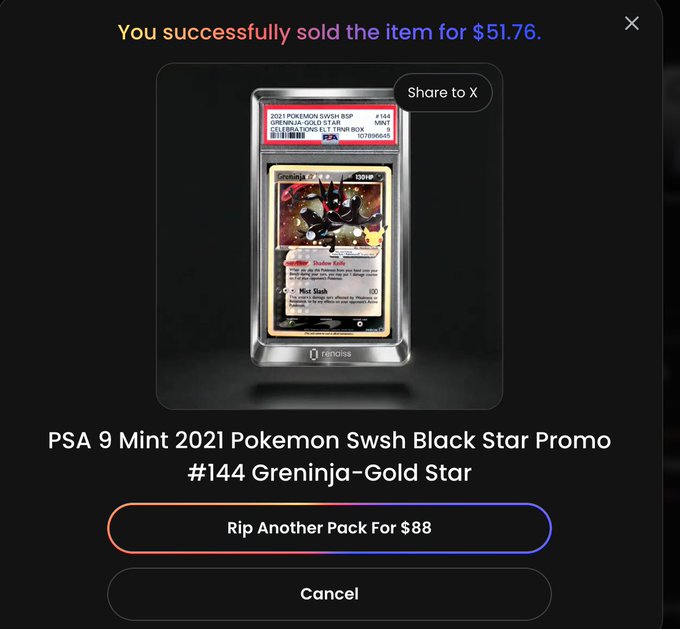 A pop-up confirmation screen showing the successful sale of a PSA 9 Mint 2021 Pokémon Swsh Black Star Promo #144 Greninja-Gold Star card for $51.76, with options to rip another pack or cancel.