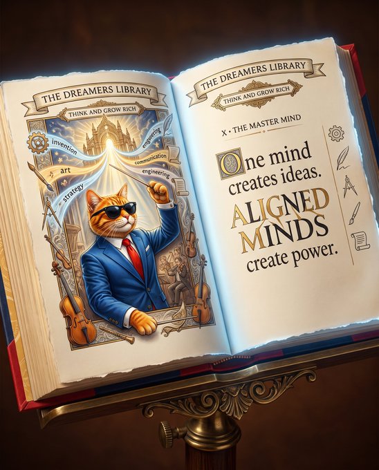 An open illustrated book titled 'THE DREAMERS LIBRARY' featuring a cat in a blue suit and sunglasses on the left page, and the quote 'One mind creates ideas. ALIGNED MINDS create power.' on the right page.