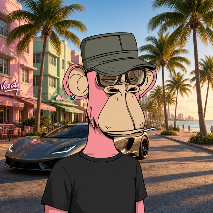 A pink cartoon monkey wearing a black cap, sunglasses, and t-shirt stands in front of a sleek sports car on a palm-lined Miami street with "Vice City" and "MIAMI" signs visible in the background. The image humorously visualizes the post's advice—pairing serious financial risk management with saving money for the upcoming GTA 6 release, both set against a stylish urban backdrop.