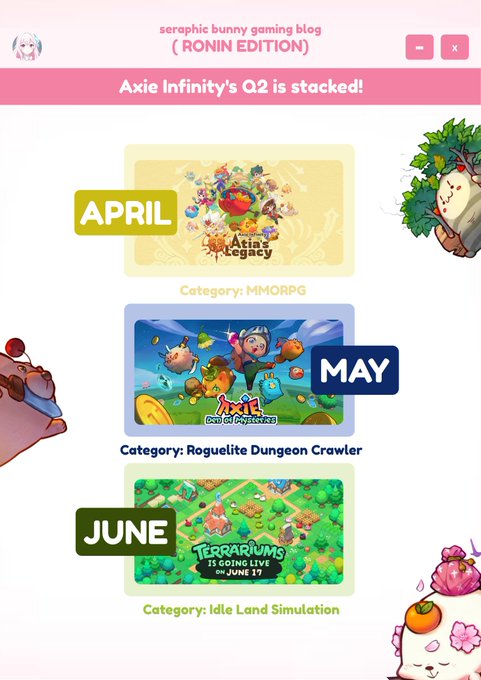 The image shows a poster for an April release of Axie Infinity's MMORPG game atria' legacy. The poster features three different game trailers with various characters and settings. The text on the poster includes information about the games, such as their release dates and the names of the characters featured in each trailer.
