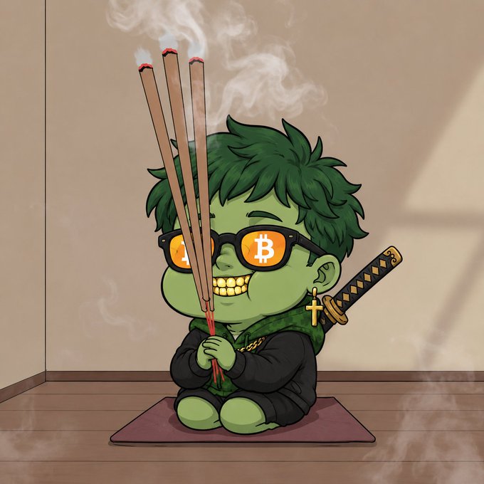 A cartoon illustration of a green-skinned chibi character with Bitcoin-logo sunglasses, holding incense sticks and a katana.