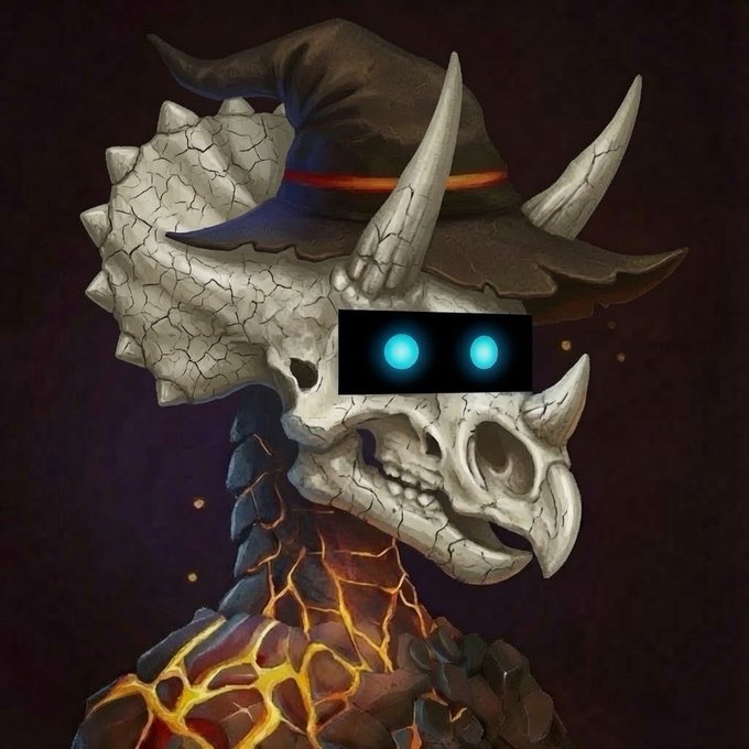 A menacing dragon-like creature with cracked bone armor, glowing cyan eyes, and molten lava veins wears a tattered witch's hat, fitting the post's theme of "jurassifying" a profile picture for @JurassicFi.