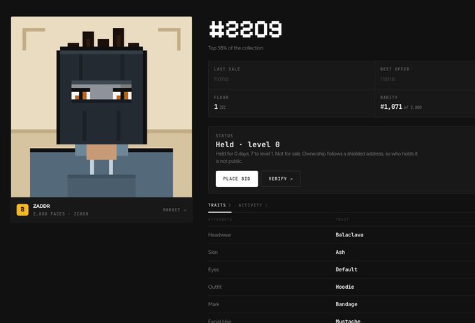 An NFT marketplace page for item #2209, a pixel-art character named 'ZADOR' with traits like Ash skin, Default eyes, and Mustache, showing a held status and place bid button.