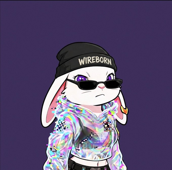 A cartoon rabbit wearing a black beanie labeled "WIREBORN," black sunglasses, and a holographic glitch-effect hoodie stands against a purple background, giving off a cool, Web3 aesthetic that matches the post's NFT-focused theme.