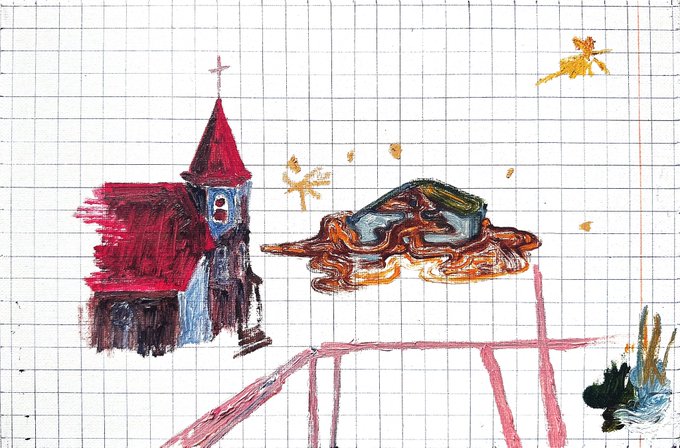 A child's crayon and marker drawing on grid paper depicting a red-roofed church, a colorful abstract shape, and a sun in the sky.