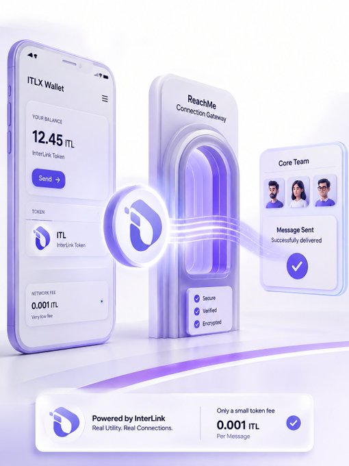 The image showcases the ITLX Wallet interface displaying a 12.45 ITL balance alongside the ReachMe Connection Gateway portal, which highlights a successful message delivery to the Core Team for a fee of 0.001 ITL per message—illustrating the new DApp's low-cost messaging system powered by InterLink's $ITL token.