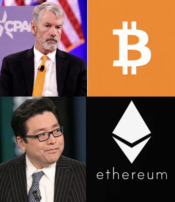 A four-panel image showing Michael Saylor paired with the Bitcoin ($BTC) logo, and Tom Lee paired with the Ethereum ($ETH) logo, visually representing the two firms—Strategy and BitMine—and their respective cryptocurrency holdings mentioned in the post.