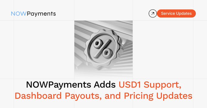 A NOWPayments announcement banner with a percent badge icon and 'Service Updates' button, titled 'NOWPayments Adds USD1 Support, Dashboard Payouts, and Pricing Updates'.