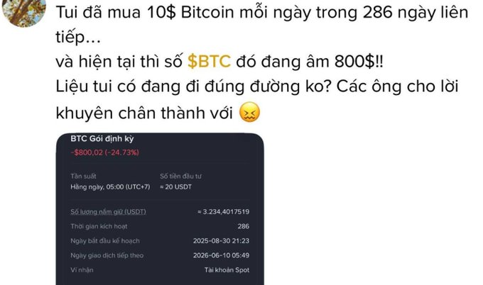 A Vietnamese-language post about purchasing $10 of Bitcoin daily for 286 days, showing a current loss of $800, with details of a recurring BTC purchase plan via Spot wallet.