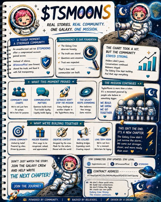An infographic for "$TSMOONS" with the tagline "REAL STORIES. REAL COMMUNITY. ONE GALAXY. ONE MISSION." features sections like "A TOUGH MOMENT. A STRONGER COMMUNITY" and "TRANSPARENCY IS OUR FOUNDATION," using astronaut and space-themed illustrations to tell the story of the Taylormoons crypto community.