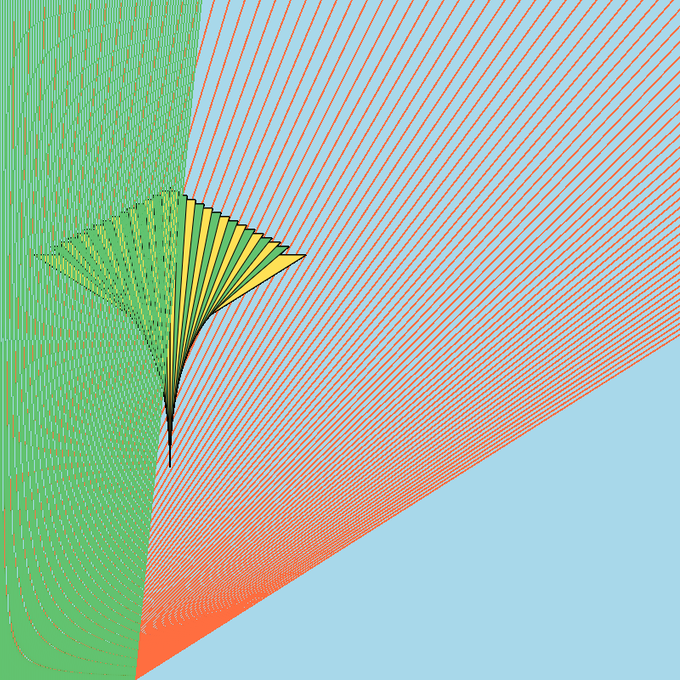 An abstract digital artwork featuring diagonal orange lines and a yellow-green geometric shape over a light blue and green background.