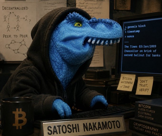 The image shows a blue dinosaur wearing a hoodie labeled "Satoshi Nakamoto" working at a computer displaying code for a "genesis block" with references to "The Times 03/Jan/2009," alongside Bitcoin-related books and a coffee mug with the ₿ symbol. It humorously evokes the mysterious, meme-like origins of Bitcoin's pseudonymous creator, paralleling the post's playful suggestion that "fefer" could become the next Bitcoin.
