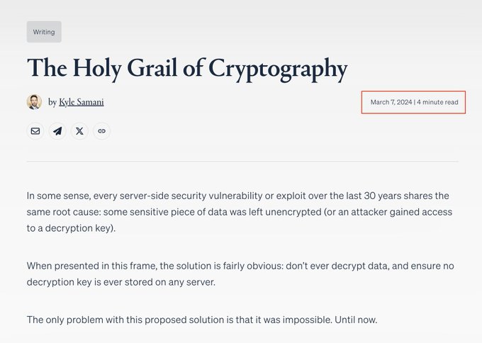 A screenshot of a blog post titled 'The Holy Grail of Cryptography' by Kyle Samani, dated March 7, 2024, with the date highlighted in a red box; the article discusses server-side security vulnerabilities and unencrypted data.