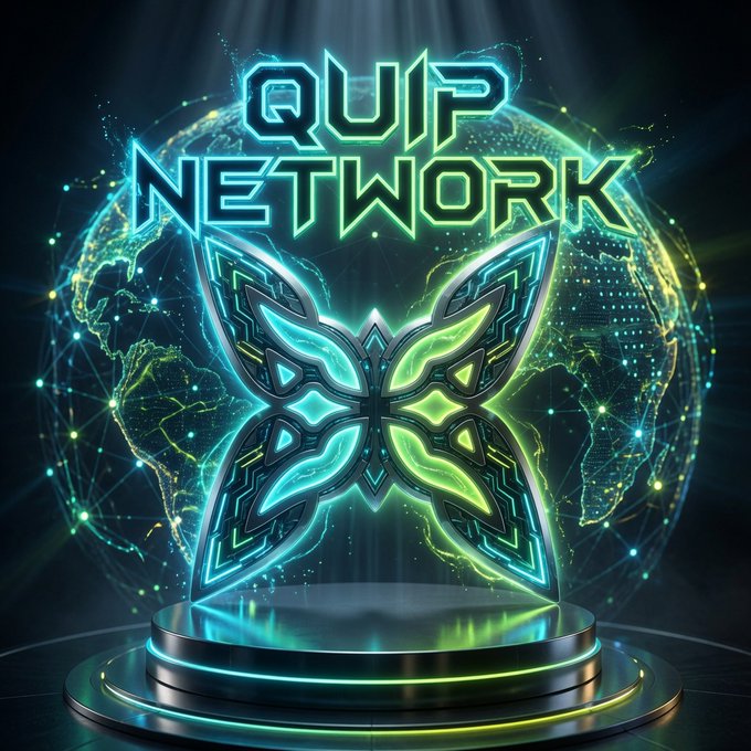 A neon-styled logo for "QUIP NETWORK" featuring a glowing green and blue butterfly emblem on a podium, set against a digital world map background.
