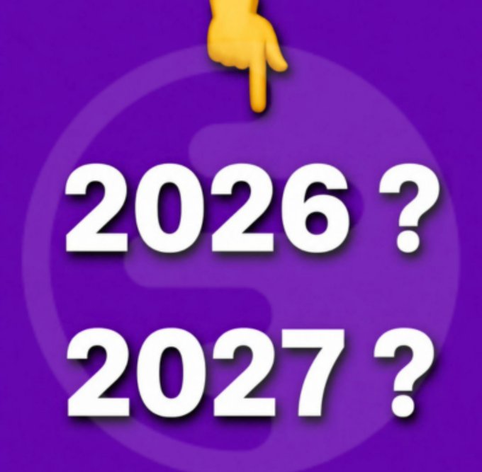 Purple image with a pointing finger emoji at the top and white text reading '2026 ? 2027 ?' suggesting speculation about upcoming years.