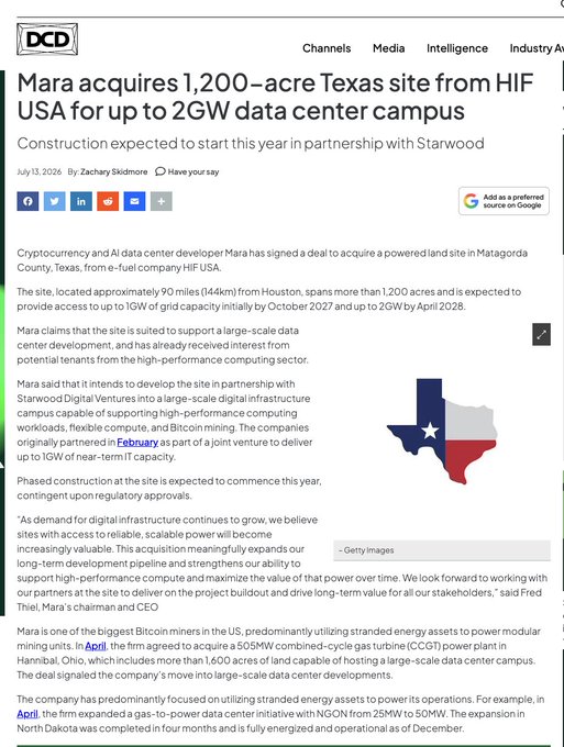 A screenshot of a Data Center Dynamics article by Zachary Skidmore dated July 13, 2026, headlined "Mara acquires 1,200-acre Texas site from HIF USA for up to 2GW data center campus," detailing a partnership with Starwood Digital Ventures ($STWD) to develop an e-Fuels facility in Matagorda County, Texas located ~90 miles from Houston, with grid capacity of up to 1GW by October 2027 and 2GW by April 2028.