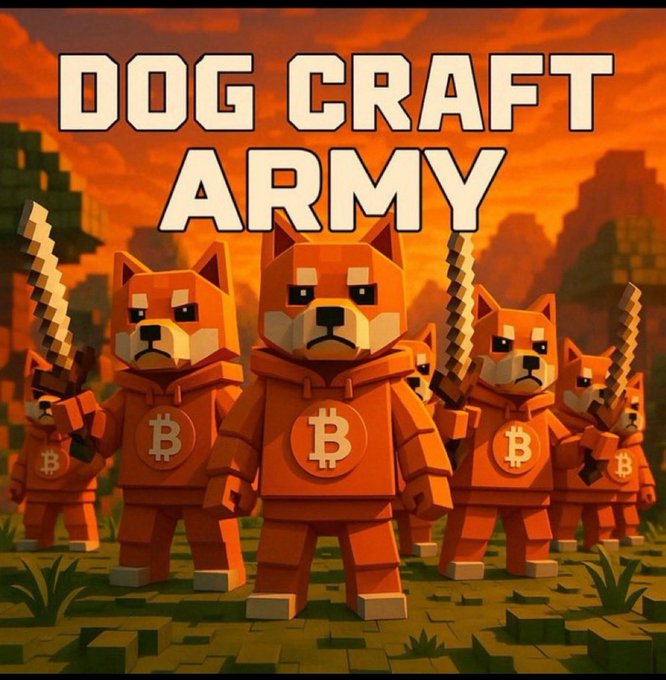 A pixel art poster titled "DOG CRAFT ARMY" featuring blocky orange Shiba Inu dog characters wearing hoodies with Bitcoin (₿) symbols, holding swords against a Minecraft-style landscape at sunset.