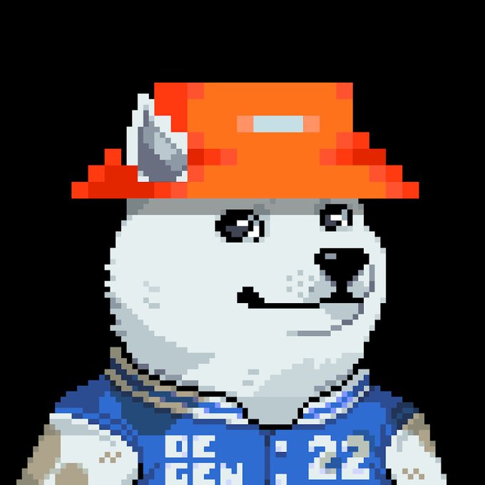 A pixel art image of a white dog wearing an orange hat and a blue sports jersey with 'DE' and '22' on it.