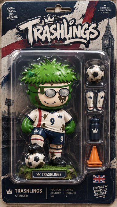 A packaged 'Trashlings' premium collectible action figure of a green-haired 'Striker' from England, wearing a muddy white jersey with the number 9, displayed with accessories including a soccer ball, water bottle, and orange cone.
