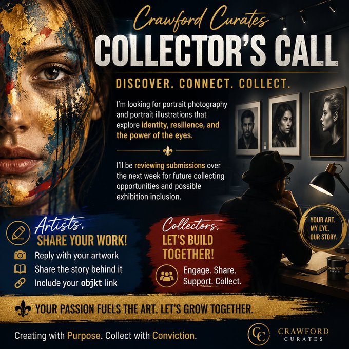 'Crawford Curates Collector's Call' promotional graphic seeking portrait photography and illustrations that explore identity, resilience, and the power of the eyes.
