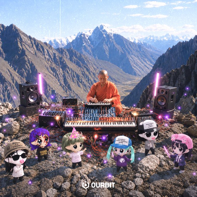 A monk surrounded by synthesizers and speakers plays music with anime-style characters as the Ourbit logo appears at the bottom, visually representing the Ourbie Milady NFT giveaway.