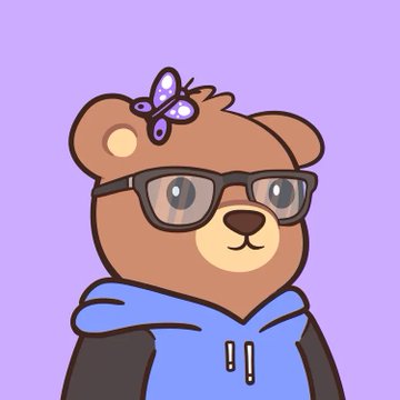 A cartoon illustration of a brown teddy bear wearing glasses and a blue hoodie, with a small purple butterfly on its head, set against a purple background.