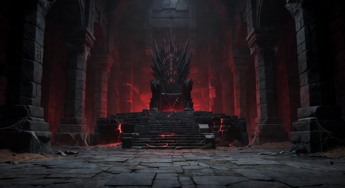 A dark, ominous throne room with a jagged iron throne sits atop a stone staircase, bathed in ominous red light seeping from cracks in the ancient masonry.

The shadowy throne room visually echoes the post's grim tale of a "Warlord" confronting its prey in the depths of a dungeon—a cold, forgotten seat of power where "the dungeon remembers" every soul who's ever tried to outrun their fate.