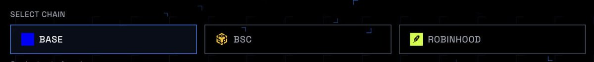 A dark-themed "SELECT CHAIN" interface displays three blockchain options: BASE (highlighted with a blue border), BSC, and ROBINHOOD, suggesting the user is choosing between different networks for a transaction or app connection. The post "something more?" implies the user may be seeking additional chain options beyond the three currently shown.
