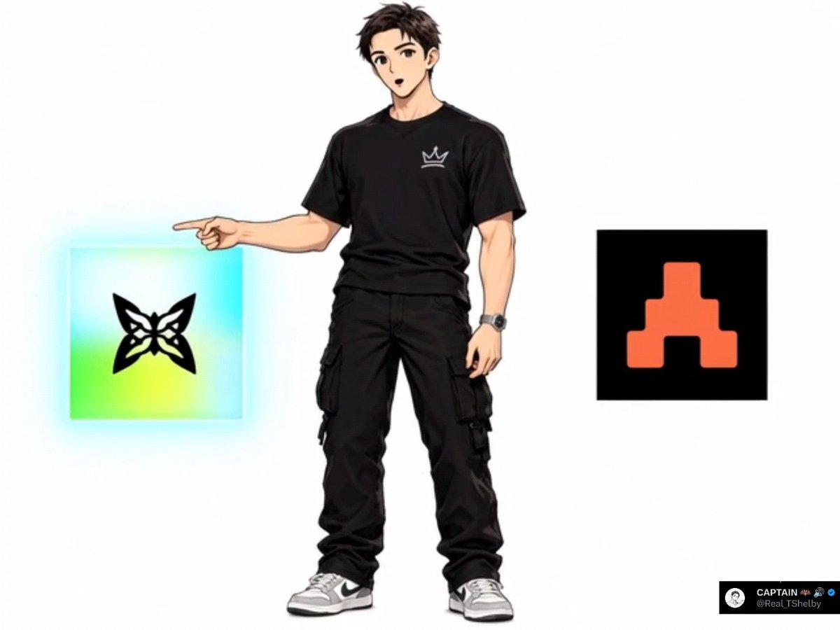 An illustrated character in black t-shirt and cargo pants, pointing at a butterfly logo on a glowing gradient background, with an Adobe Illustrator "A" logo and the username @RealTShelby.