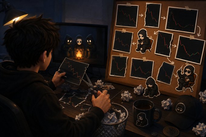 A figure with messy dark hair sits at a cluttered desk cutting up photos of downward candlestick charts, with a corkboard displaying them arranged in a meme-making sequence featuring a small ninja-like character. A monitor shows three hooded figures around a campfire, while a coffee mug, scattered coins, and crumpled paper fill the scene—visually bringing to life the post's joke about transforming losing trades into meme content for "$LARP."