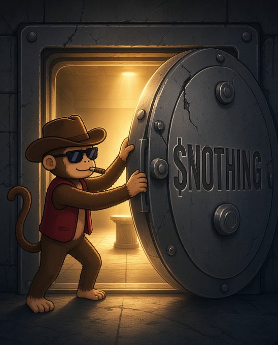 A cool monkey in sunglasses and a cowboy hat pulls open a massive vault door engraved with "$NOTHING," reinforcing the post's playful teaser that the upcoming reveal is "$nothing"—a tongue-in-cheek nod to the team's relentless building while hinting at something bigger behind the scenes with @0xHepha.