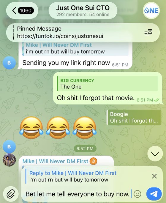 A Telegram chat screenshot from 'Just One Sui CTO' group showing messages between users 'BIG CURRENTCY', 'Boogie', and 'Mike' about buying a token.