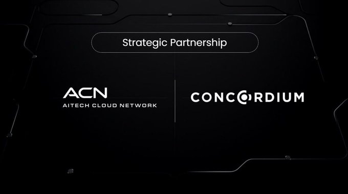 The image displays a sleek dark-themed announcement graphic titled "Strategic Partnership," featuring the logos of "ACN AITECH CLOUD NETWORK" on the left and "CONCORDIUM" on the right, separated by a dividing line. This visually represents the new collaboration between AI Tech Cloud Network and Concordium to introduce a privacy-preserving human verification layer for AI agents on the Agent Forge platform.