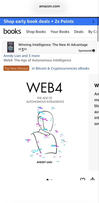 The image shows an iPhone screen with a prominent display of the webpage Amazon Books, which has a search bar for early book deals such as "Sale Items". The text within the window suggests that these books are available at a reduced price or even free. A person's head profile is shown on this page, and there are several words related to the book title, Web4, and other book-related information displayed in the image.