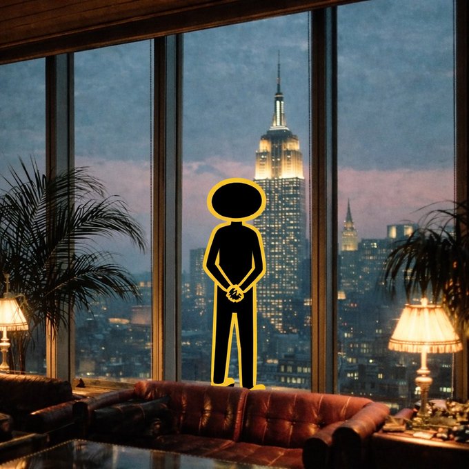The image shows a man standing next to a couch, with a city skyline visible through a large window behind him. The city lights create an interesting contrast against the dark sky outside. The photo has been edited or photoshopped to include a person in a suit and tie holding a briefcase, giving it a surreal appearance. This image is related to the post because it features a man dressed in a suit standing next to a couch with a city skyline view through a window, which could be interpreted as an advertisement for BNB's services or a promotional image for a business that operates within the city.