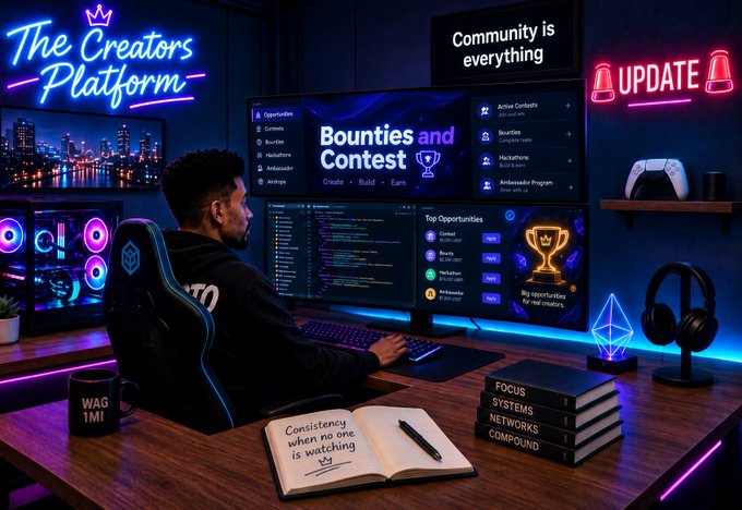 A person works at a gaming setup with neon signs reading 'The Creators Platform' and 'UPDATE', with monitors displaying 'Bounties and Contest' and 'Community is everything'.