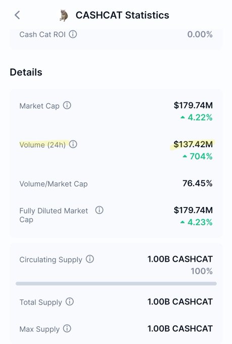 The image shows CASHCAT Statistics with a 24-hour spot volume of $137.42M, supporting the claim that CASHCAT hit a record-breaking $137M in 24-hour trading volume, nearly surpassing the previous $136M record on Robinhood from 8/6.