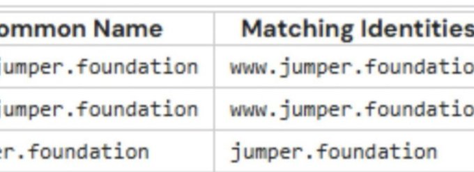 Cropped screenshot of a table showing domain identity records with Common Names and Matching Identities columns, all referencing 'jumper.foundation' (www.jumper.foundation variants).