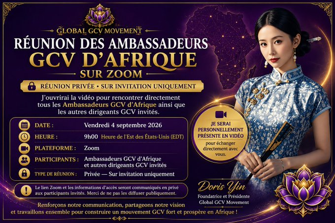 A promotional flyer in French for the 'Global GCV Movement' announcing a 'Réunion des Ambassadeurs GCV d'Afrique sur Zoom' on Friday, September 4, 2026, at 9h00 EDT, featuring Doris Yin as Founder and President.