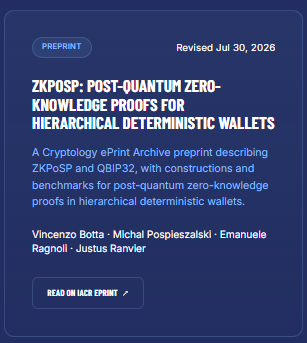 A dark blue Cryptology ePrint Archive preprint card titled 'ZKPOSP: POST-QUANTUM ZERO-KNOWLEDGE PROOFS FOR HIERARCHICAL DETERMINISTIC WALLETS', revised on July 30, 2026, authored by Vincenzo Botta, Michał Pospieszalski, Emanuele Ragnoli, and Justus Ranvier.