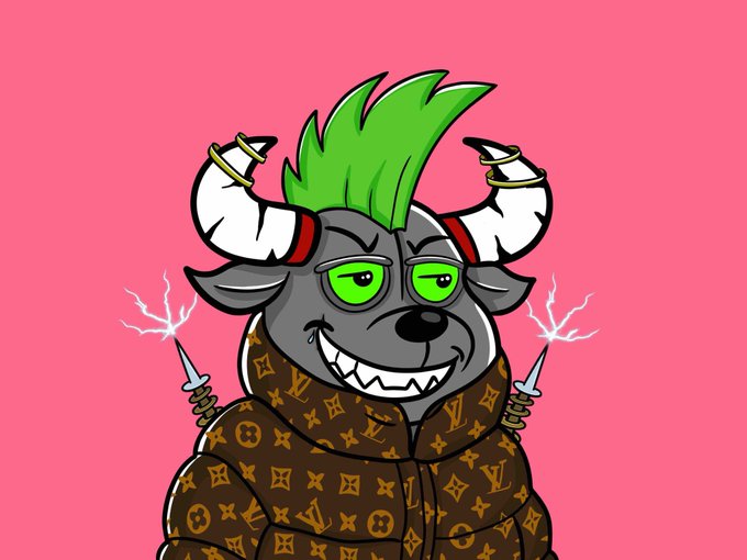 A digital illustration of a horned character with green hair, green eyes, and sharp teeth wearing a Louis Vuitton monogram jacket on a pink background.