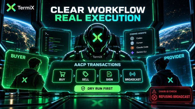 A futuristic green and black tech graphic for 'TermiX' promoting 'CLEAR WORKFLOW REAL EXECUTION' with sections for BUYER, AACP TRANSACTIONS (BUY, SELL, SIGN, BROADCAST), PROVIDER, and supported coding agents like Codex, Cursor, and Claude Code.